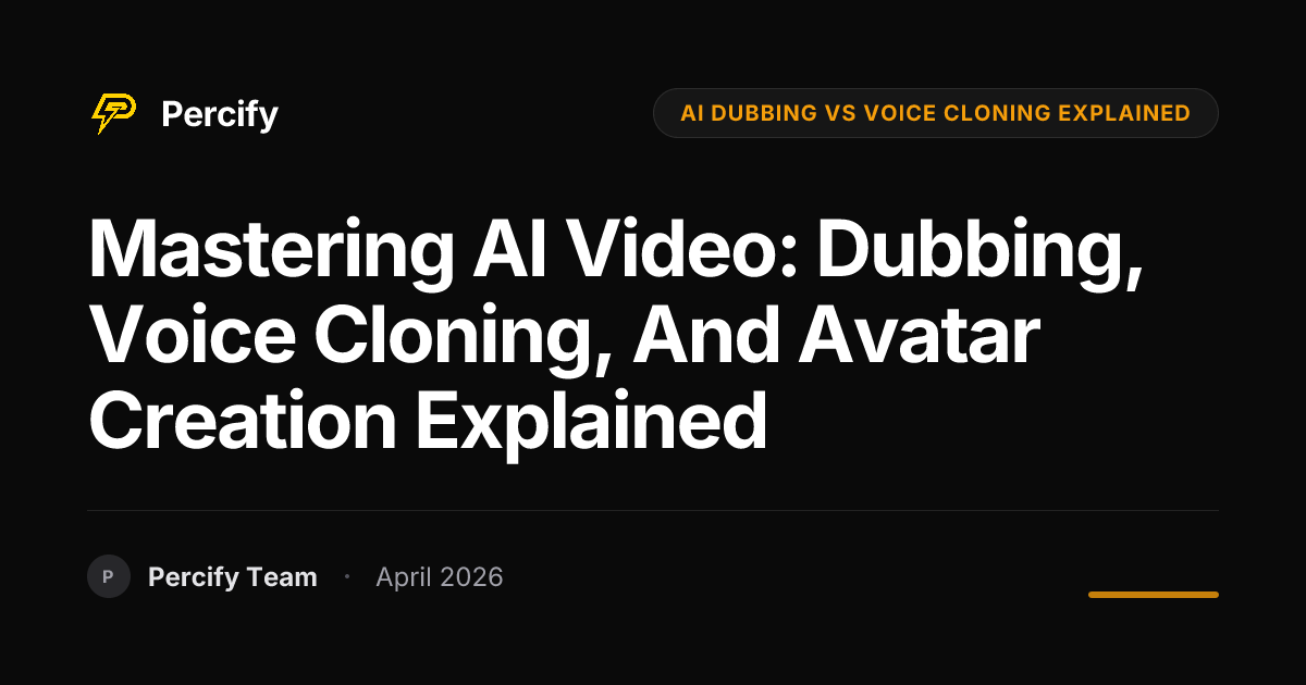 Mastering AI Video: Dubbing, Voice Cloning, and Avatar Creation Explained - Percify AI Avatar Blog Cover
