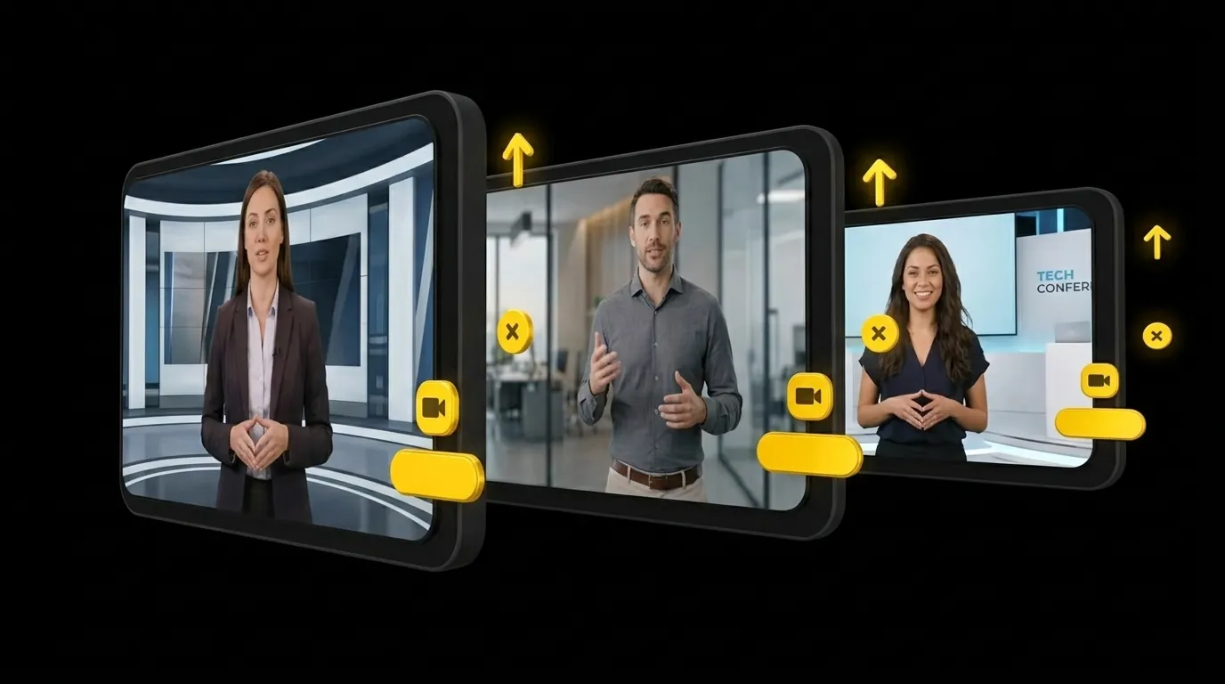 Three floating client video cards in a cascade with gold multiplier and upward-arrow badges on black background