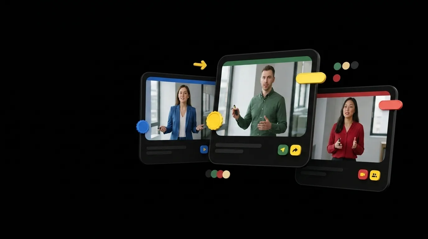 Three floating video cards each showing a different human presenter in a distinct brand color scheme on black background