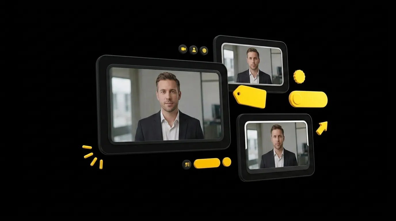 Central client video card with a human presenter in a neutral brand frame flanked by two rebranded cards on black background