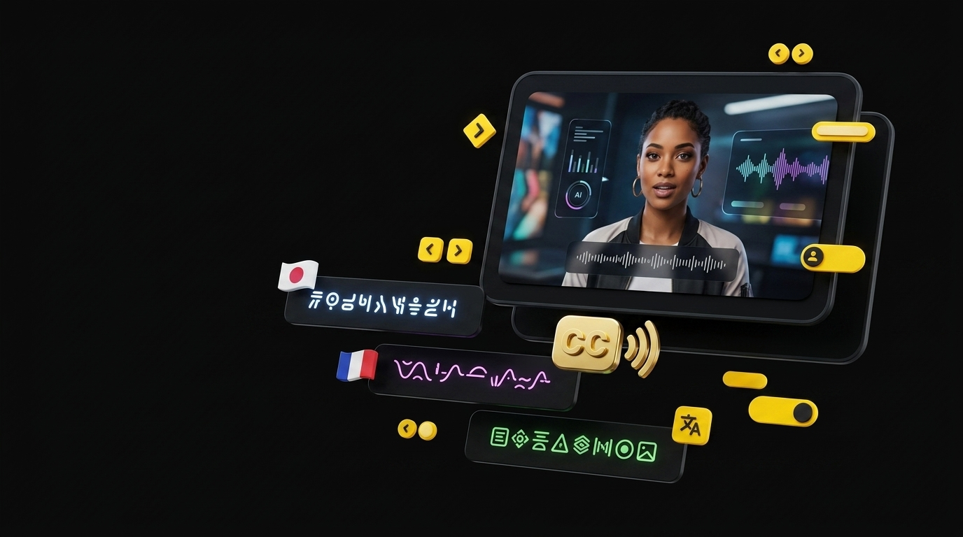 Floating video card with AI avatar speaking and auto-generated subtitle cards in multiple languages on black background