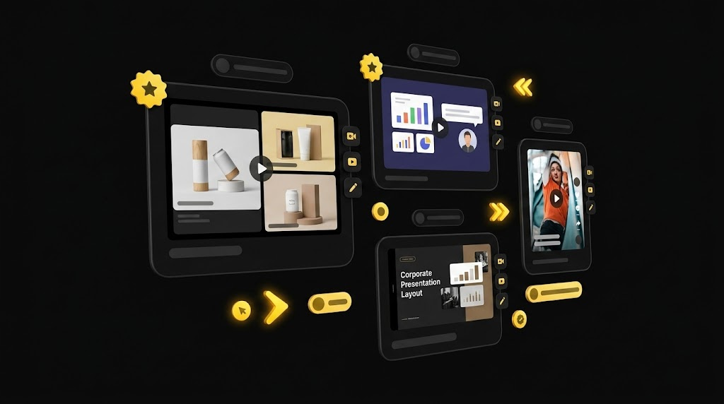 Floating video template cards with AI recommendation badges and category labels on black background