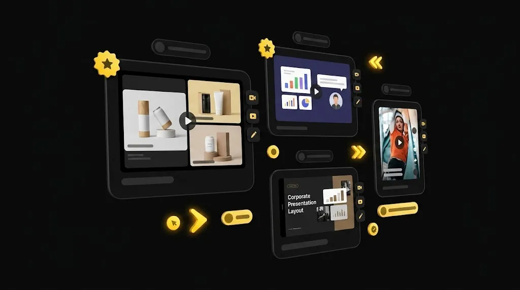 Floating video template cards with AI recommendation badges and category labels on black background