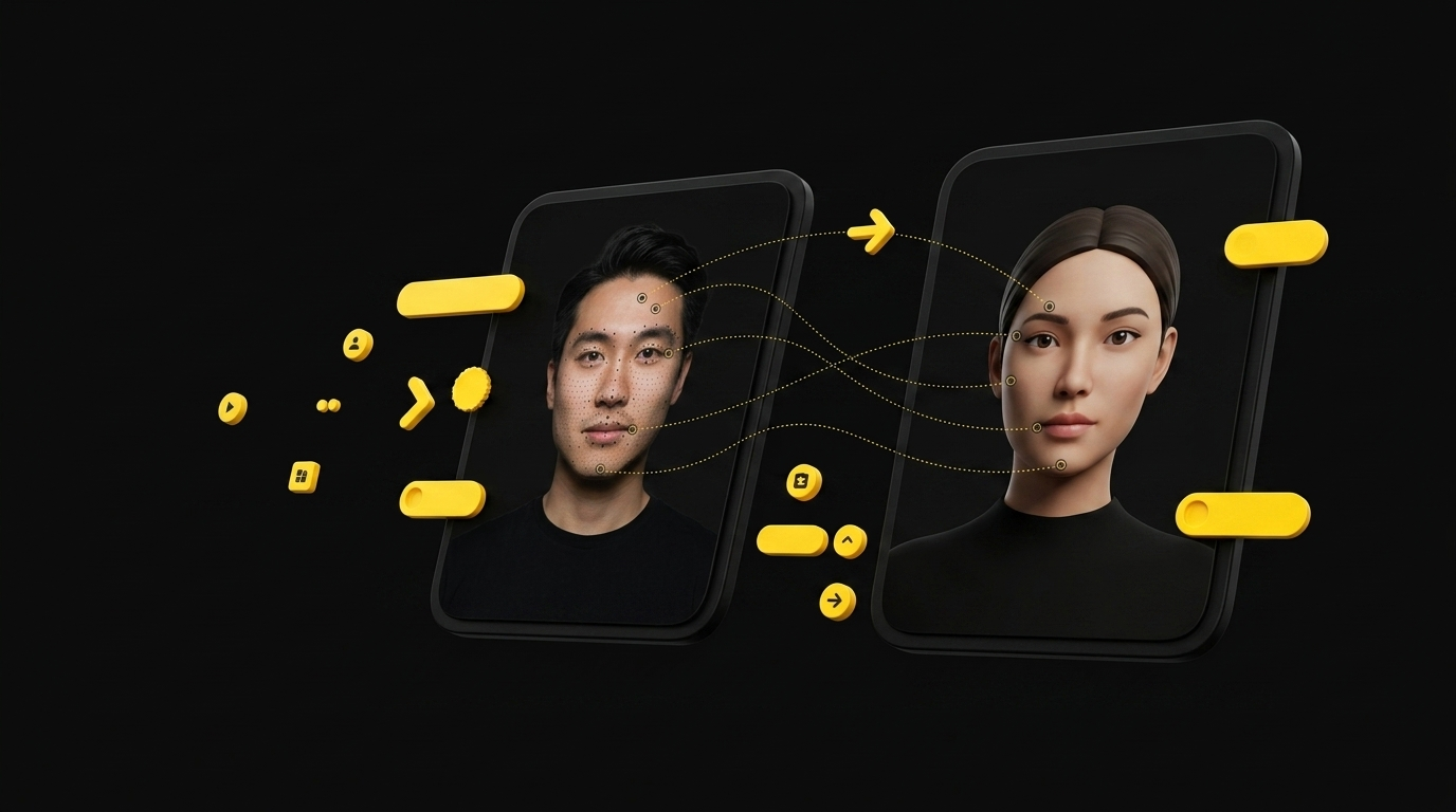 Floating cards showing person with motion tracking dots and AI avatar mirroring movements with connection lines on black background