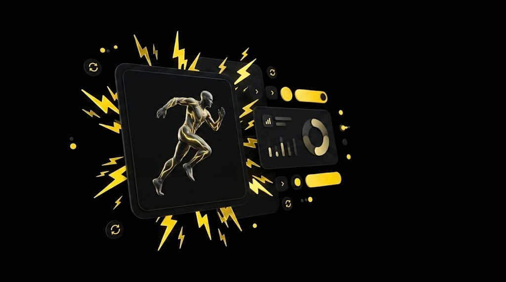 Floating card showing live-rendered AI avatar animation with speed metrics and performance indicators on black background