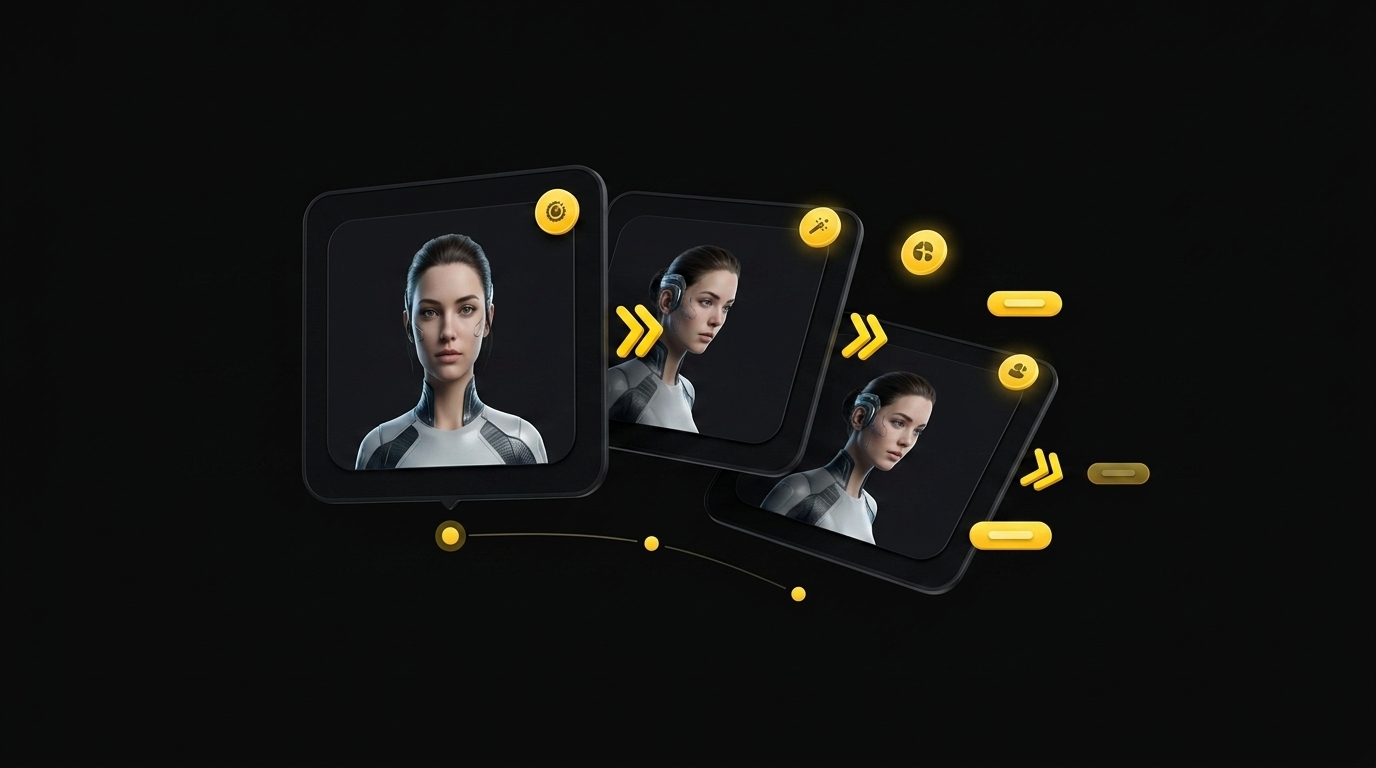 Floating cards showing smooth avatar animation frames with keyframe dots and timeline indicators on black background