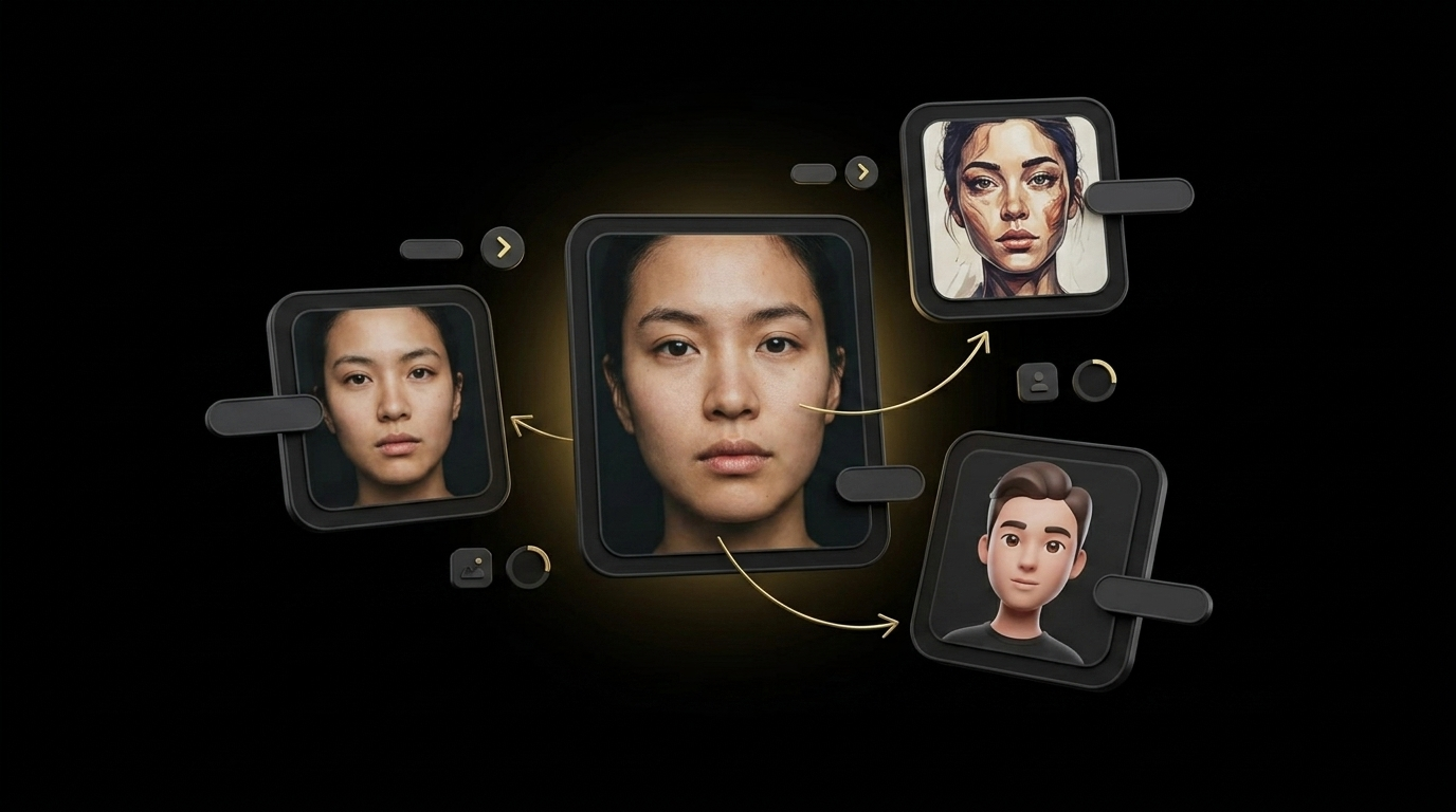 Floating cards showing a photo transforming into multiple AI avatar style variations with style filter pills on black background