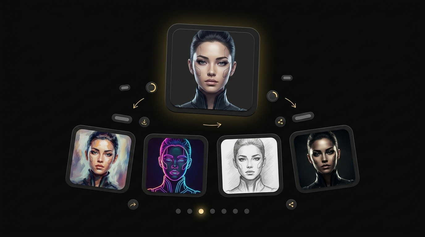 Floating avatar cards with different artistic style filters and a horizontal style picker strip on black background