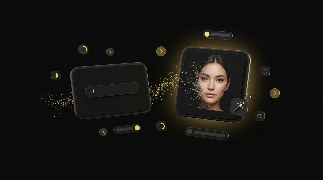 Floating cards showing text prompt transforming into a photorealistic AI avatar with gold sparkle effects on black background