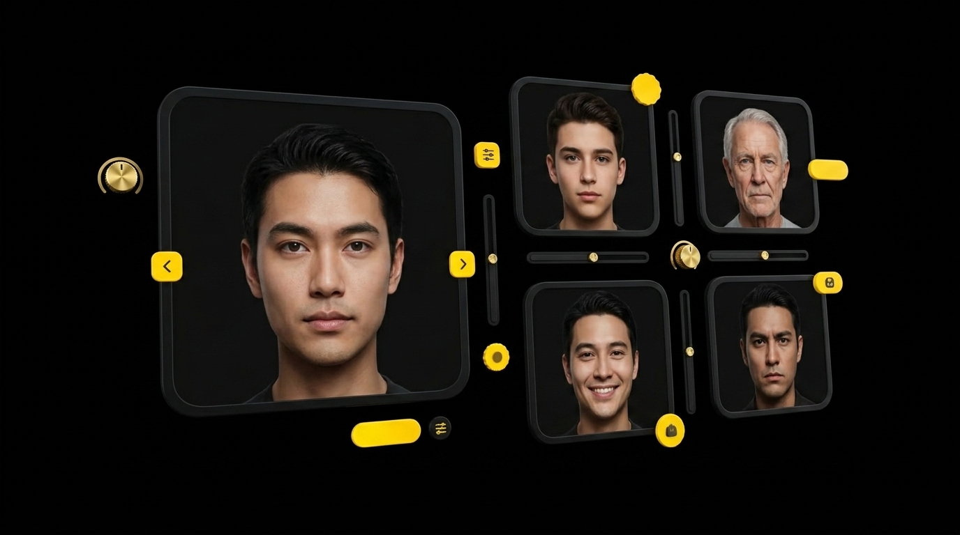 Floating face cards showing AI avatar with different ages and expressions with slider controls on black background