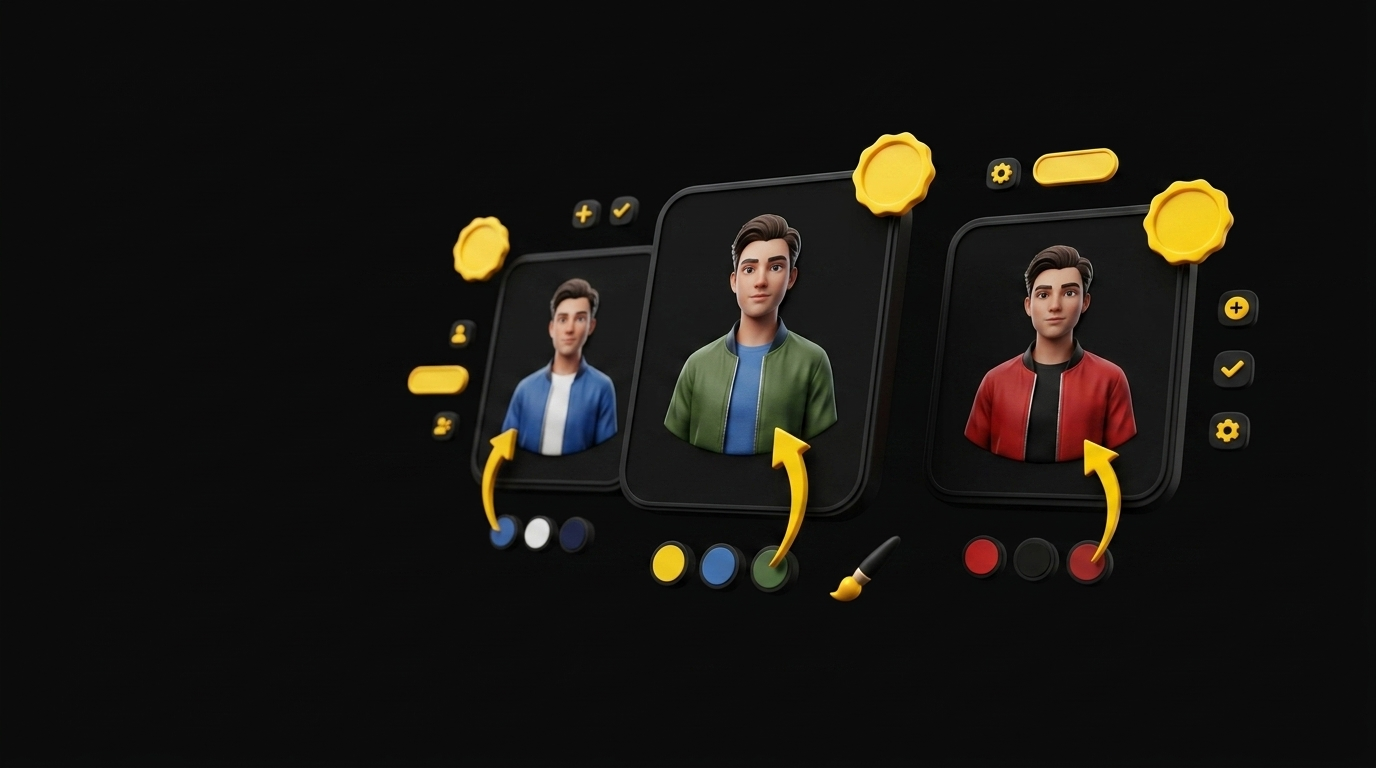 Floating avatar cards showing the same outfit in different brand color variations with palette swatches on black background
