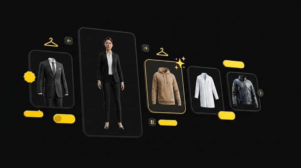 Floating avatar card surrounded by outfit option cards showing different clothing styles with a hanger icon on black background