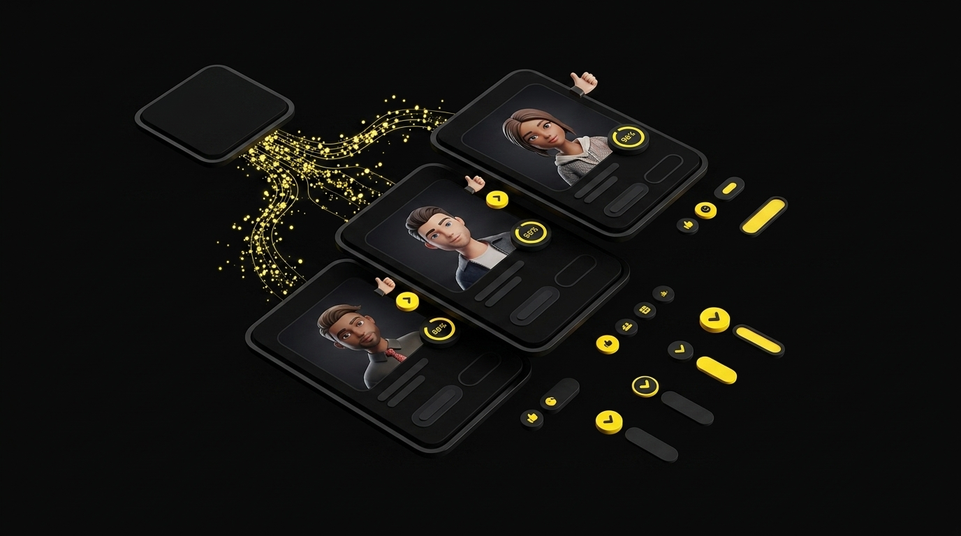 Floating cards showing AI-recommended avatar templates with match percentage badges and sparkle effects on black background