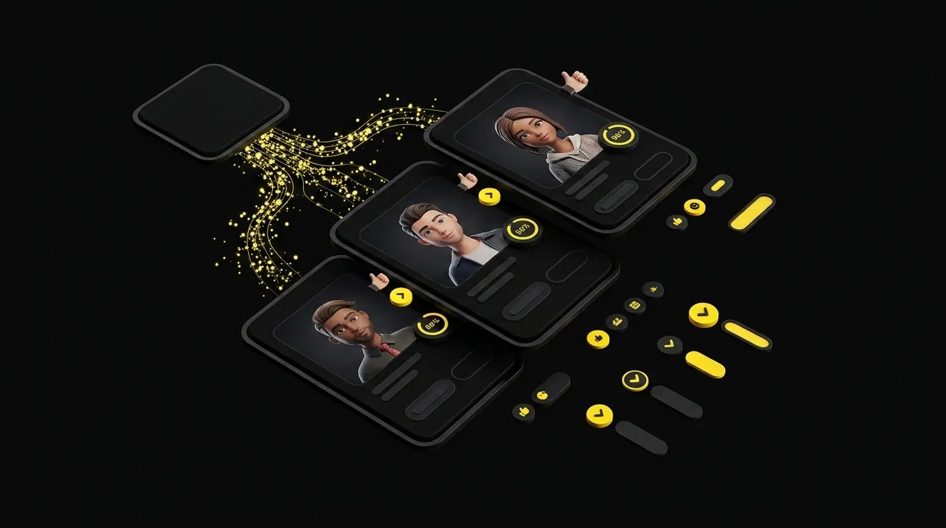 Floating cards showing AI-recommended avatar templates with match percentage badges and sparkle effects on black background