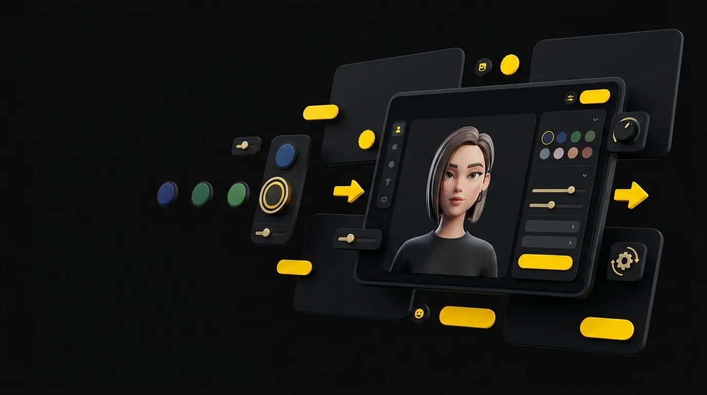 Floating avatar card with surrounding customization controls — color swatches, style sliders, and adjustment knobs on black background
