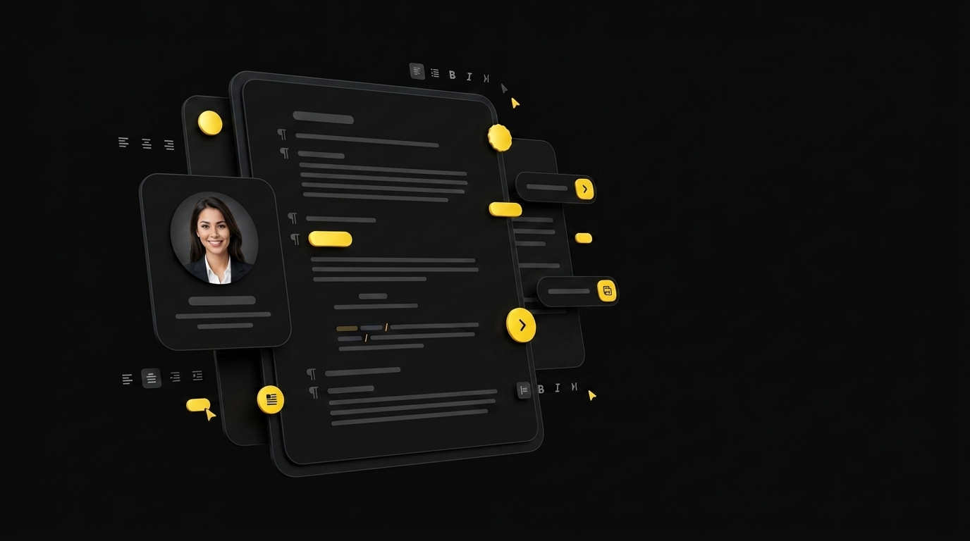 Floating script cards with AI optimization suggestion badges and a small avatar preview card on black background