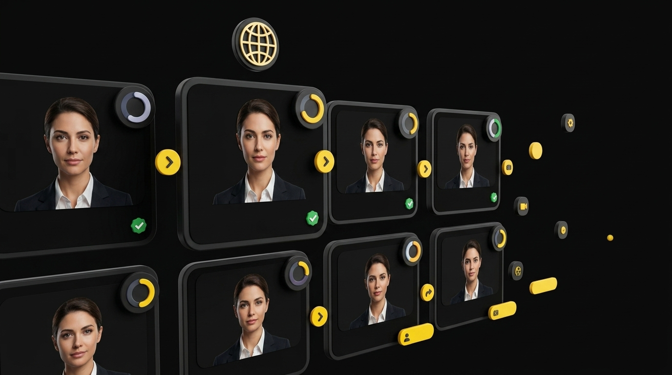 Floating training module cards with consistent AI instructor and completion rate progress rings on black background