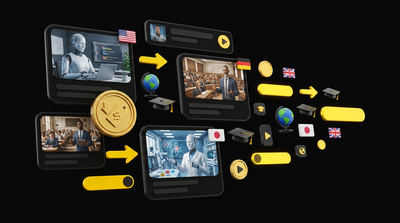 Floating course cards with AI instructor avatars across multiple languages and cost savings badges on black background