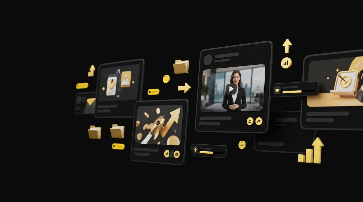 Floating client campaign cards with AI video content and portfolio overview badges on black background