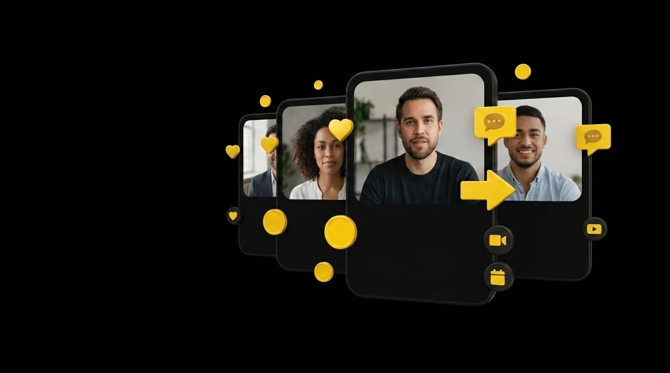 Three floating personalized message cards all showing the same warm human coach addressing a client on black background