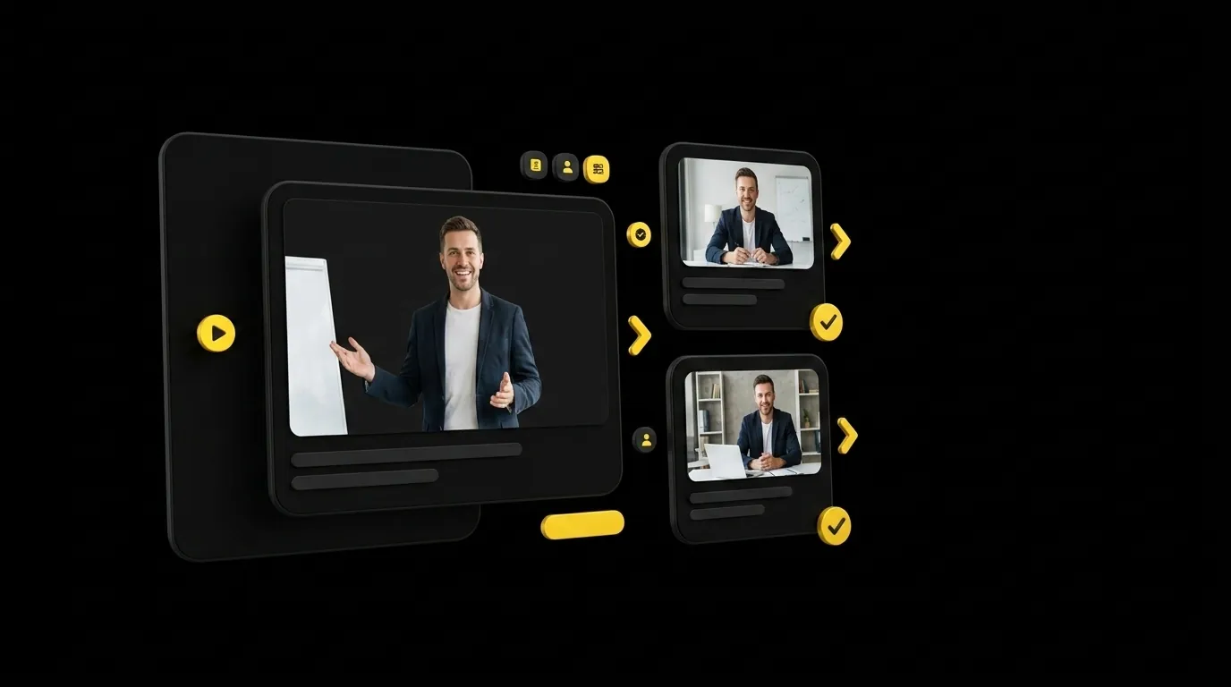 Central lesson video card with a human coach flanked by two lesson module cards on black background