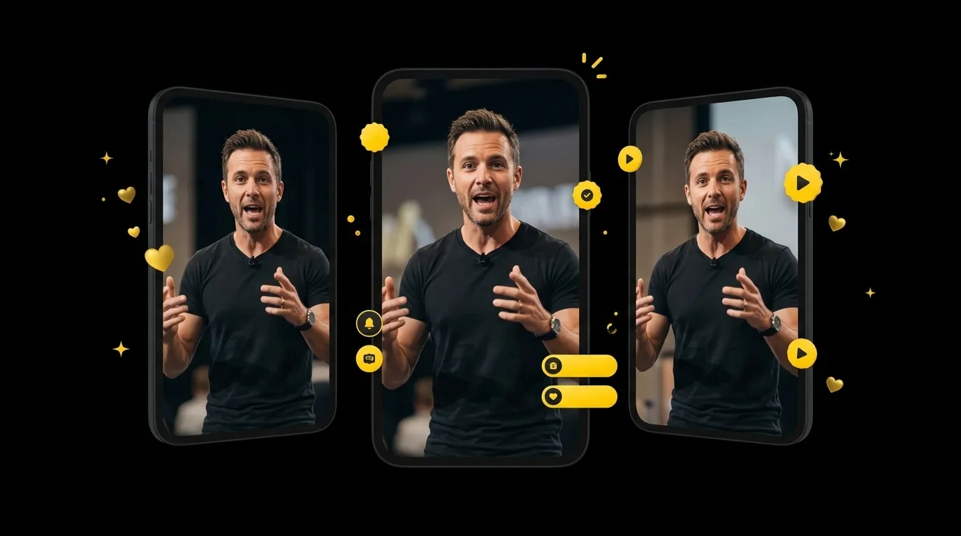 Three floating vertical short-form motivational video cards showing the same energetic human coach on black background