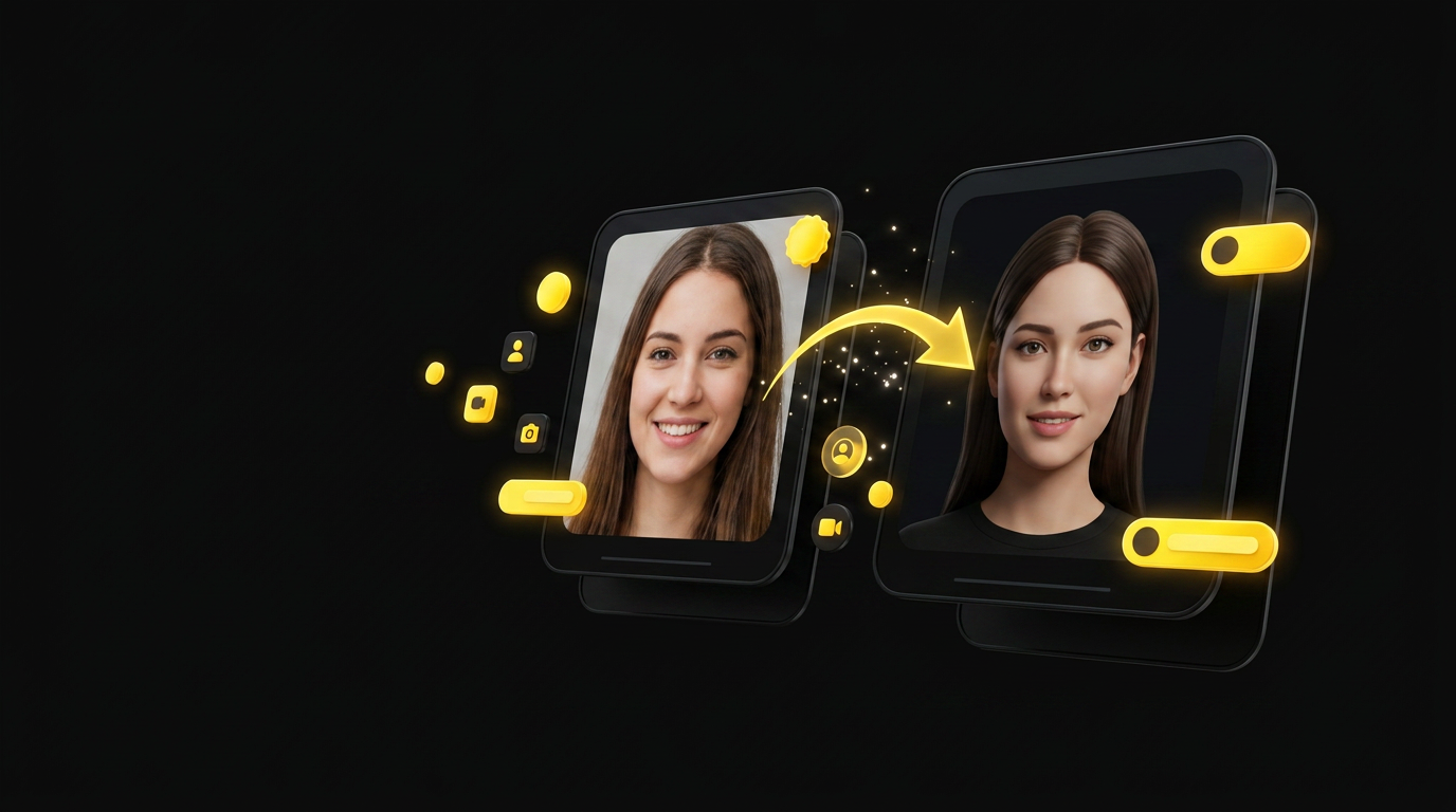 Floating cards showing a photo transforming into an AI digital twin avatar with golden transformation arrows on black background