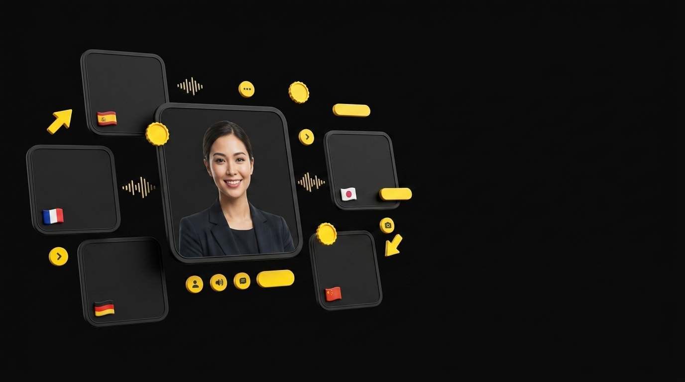 Floating cards showing the same AI avatar speaking different languages with small flag icons on black background