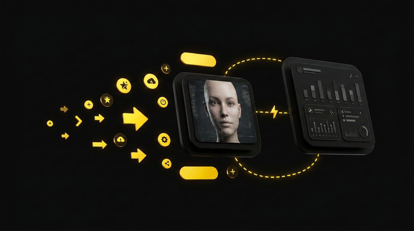 Floating cards showing live avatar video stream and latency metrics with glowing connection lines on black background