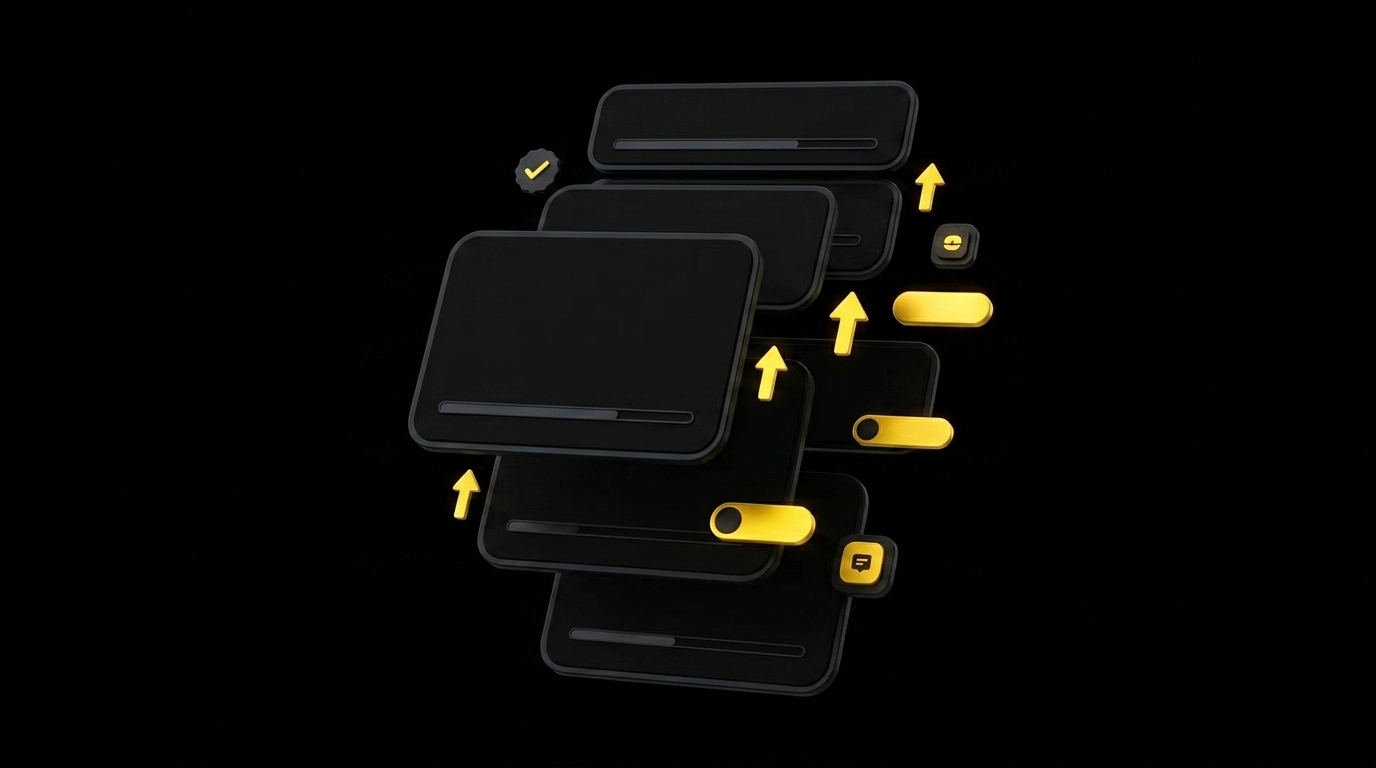 Floating dark UI cards showing parallel API job processing with gold progress indicators on black background
