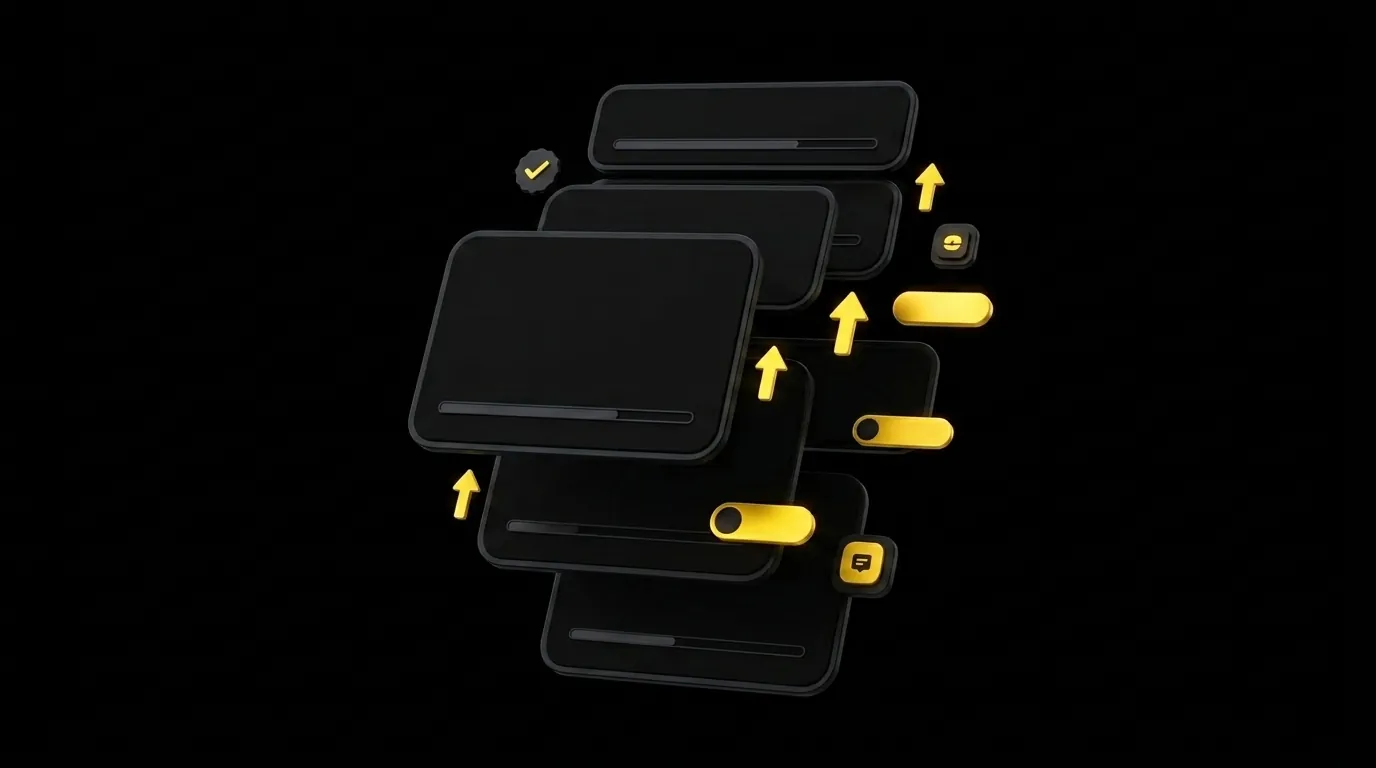 Floating dark UI cards showing parallel API job processing with gold progress indicators on black background