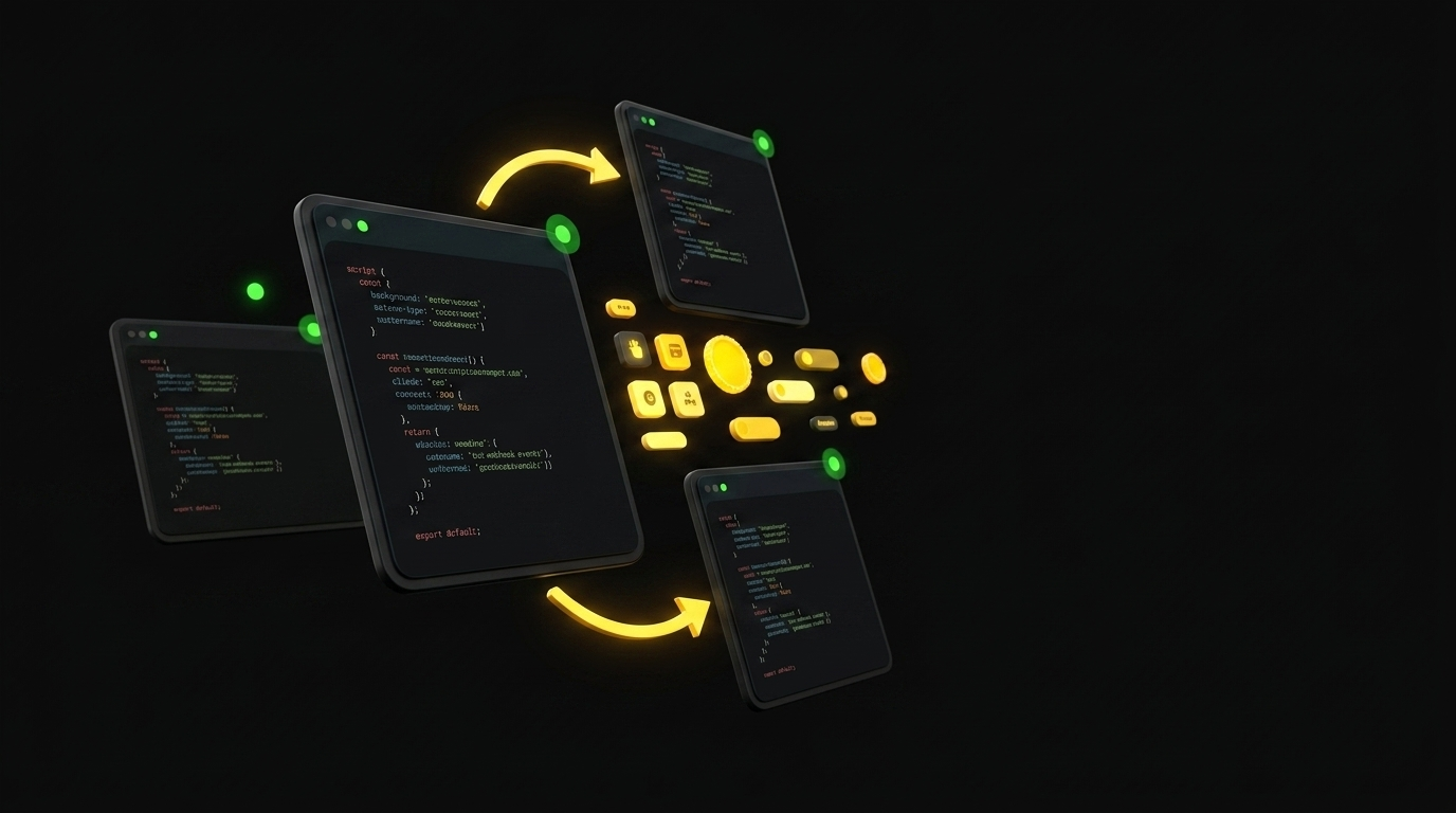 Floating dark code snippet cards with webhook event indicators and integration arrows on black background