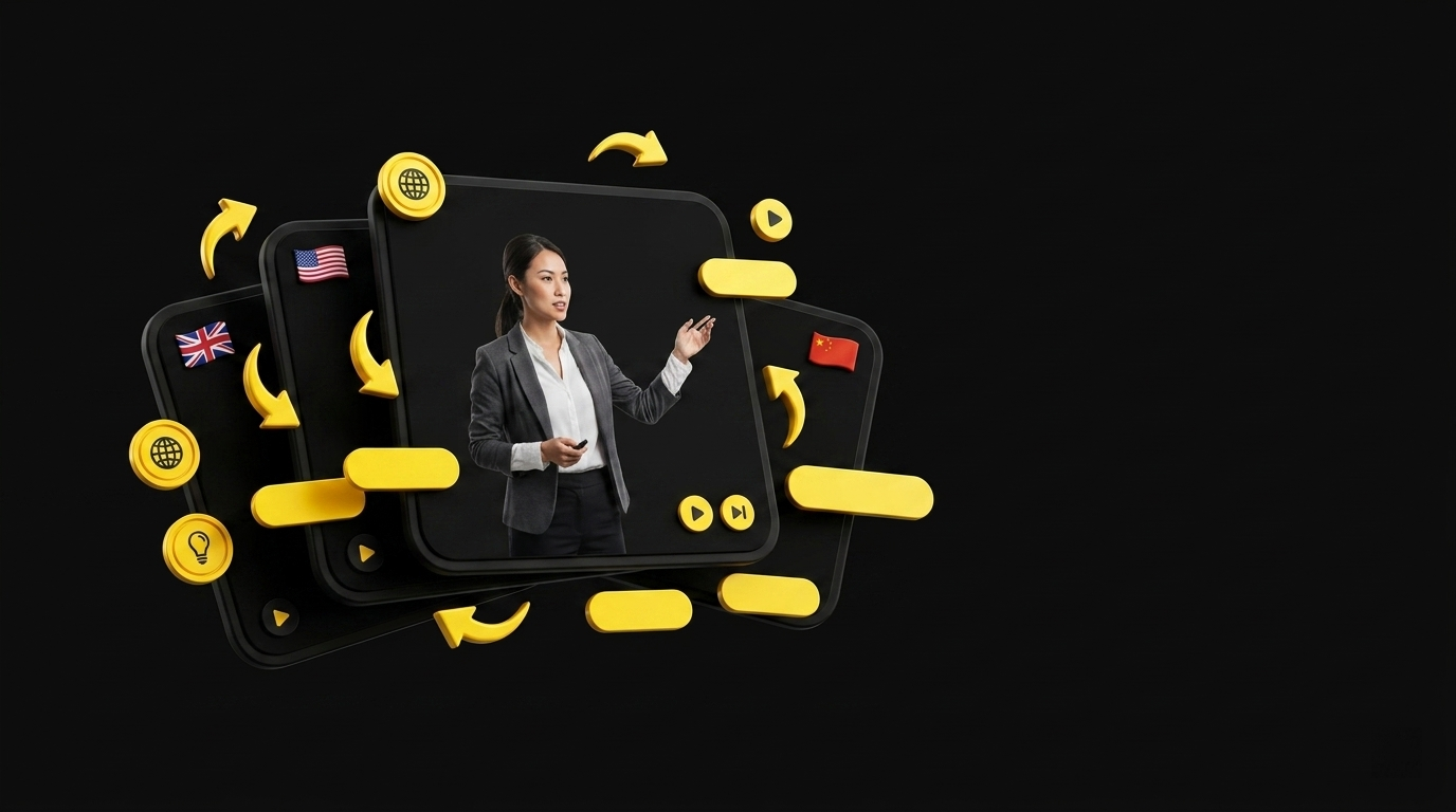 Floating lesson cards with AI instructor avatar and small flag icons for multiple languages on black background