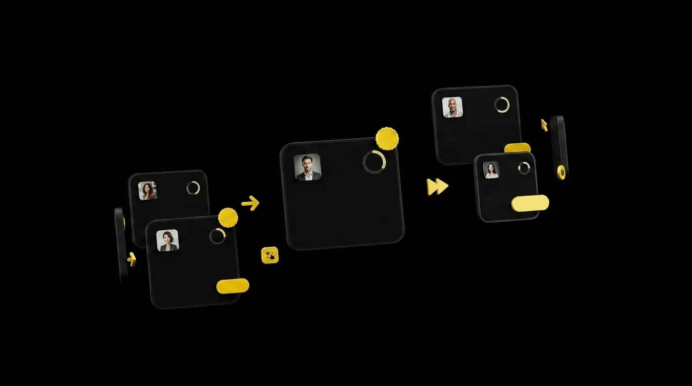 Small floating micro-lesson cards with circular progress rings and AI avatar thumbnails on black background