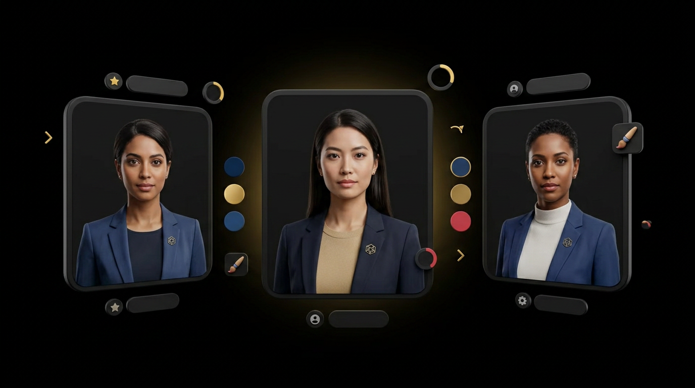 Floating cards showing AI avatars in matching corporate attire with color palette swatches on black background