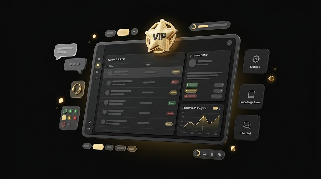 Floating support cards with gold VIP badge, chat bubbles, and priority ticket indicators on black background
