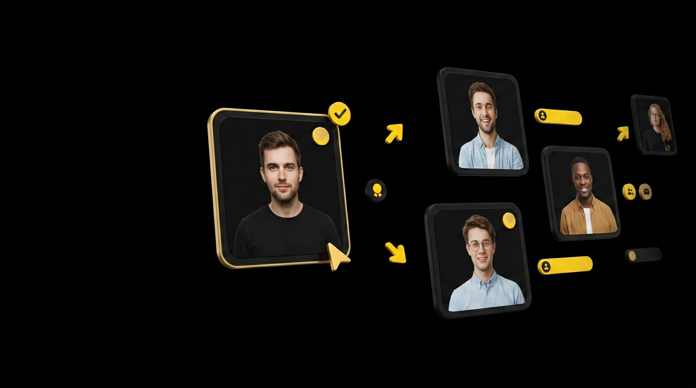 Floating avatar gallery cards with selection highlight and a large preview card on black background