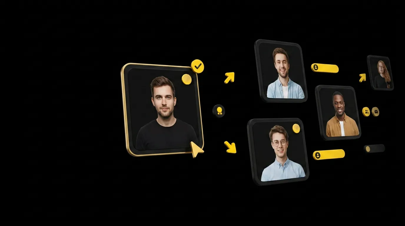 Floating avatar gallery cards with selection highlight and a large preview card on black background
