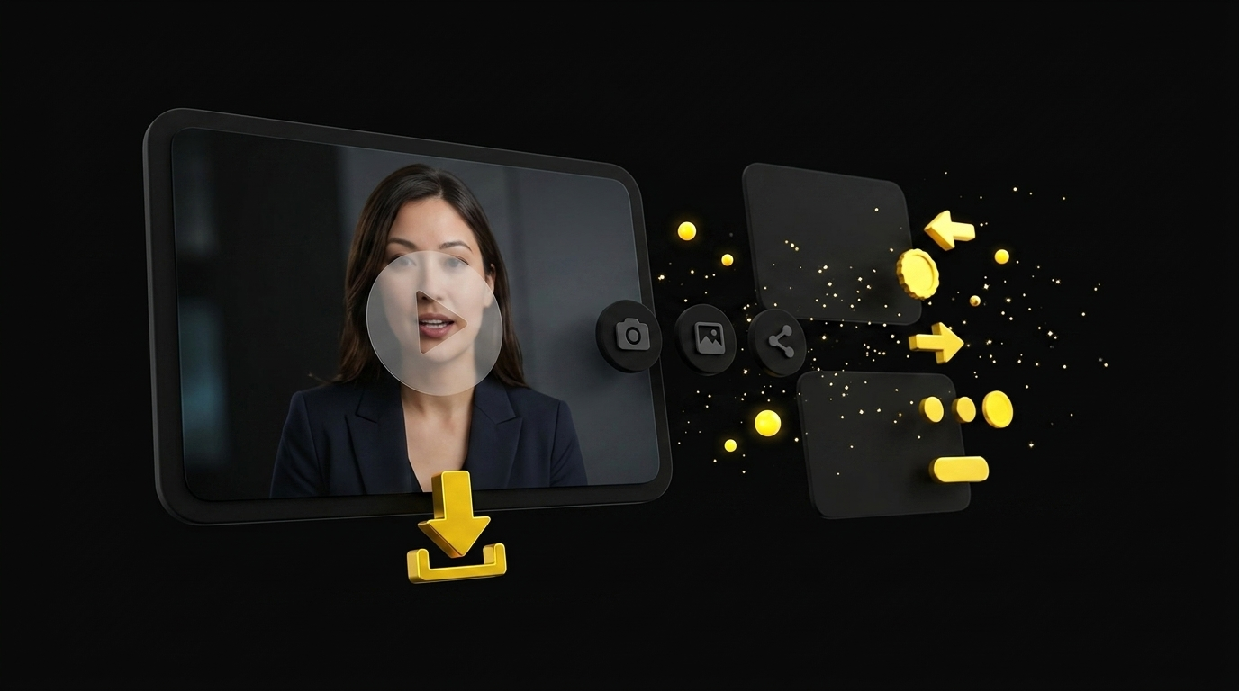Floating completed video card with play button, download icon, and social sharing badges on black background
