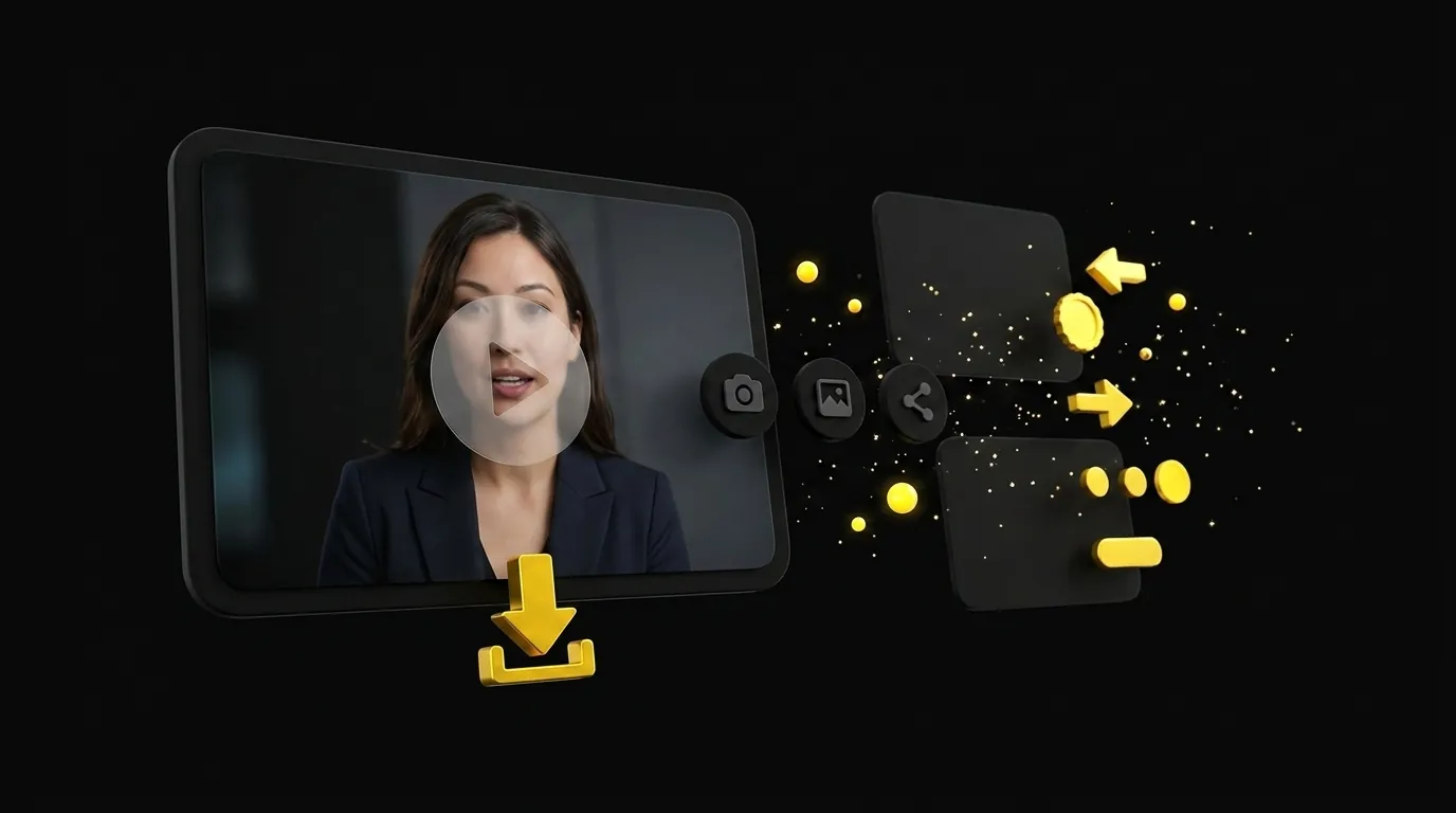 Floating completed video card with play button, download icon, and social sharing badges on black background