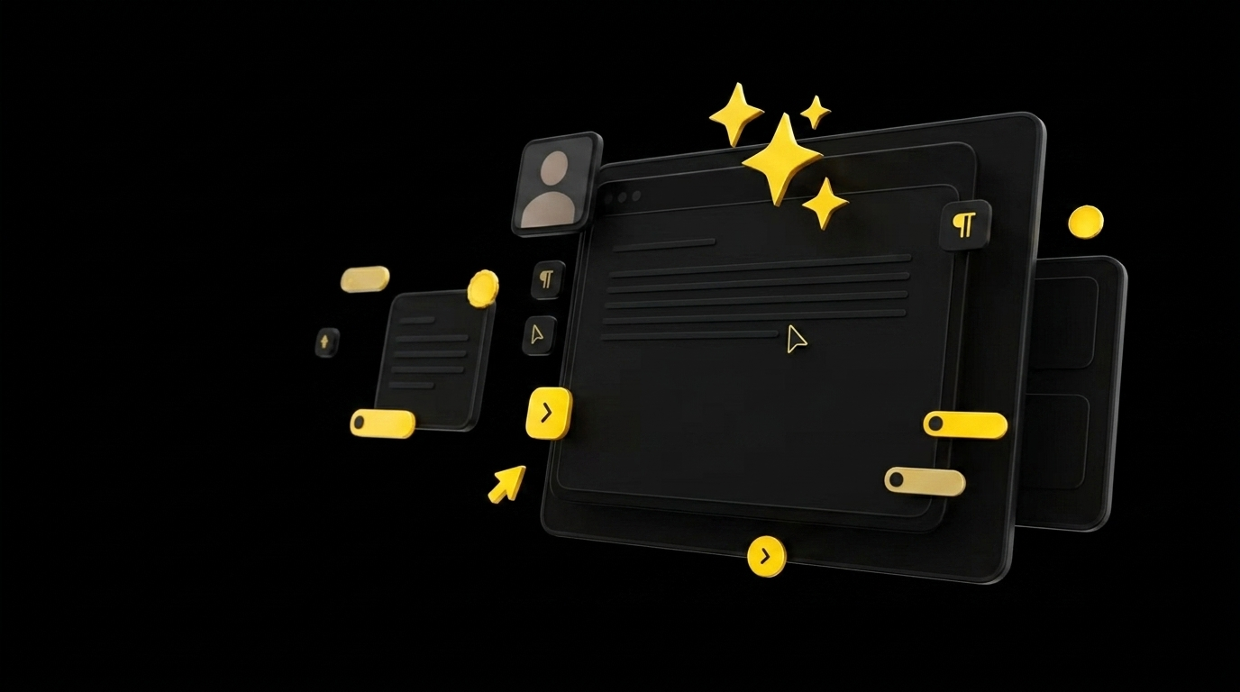 Floating script editor card with AI writing suggestions and a small avatar preview card on black background