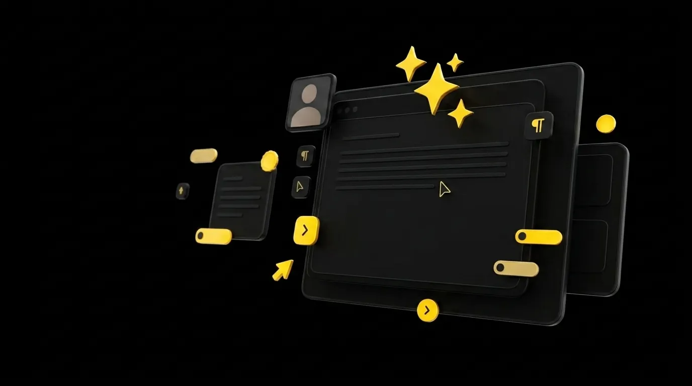 Floating script editor card with AI writing suggestions and a small avatar preview card on black background