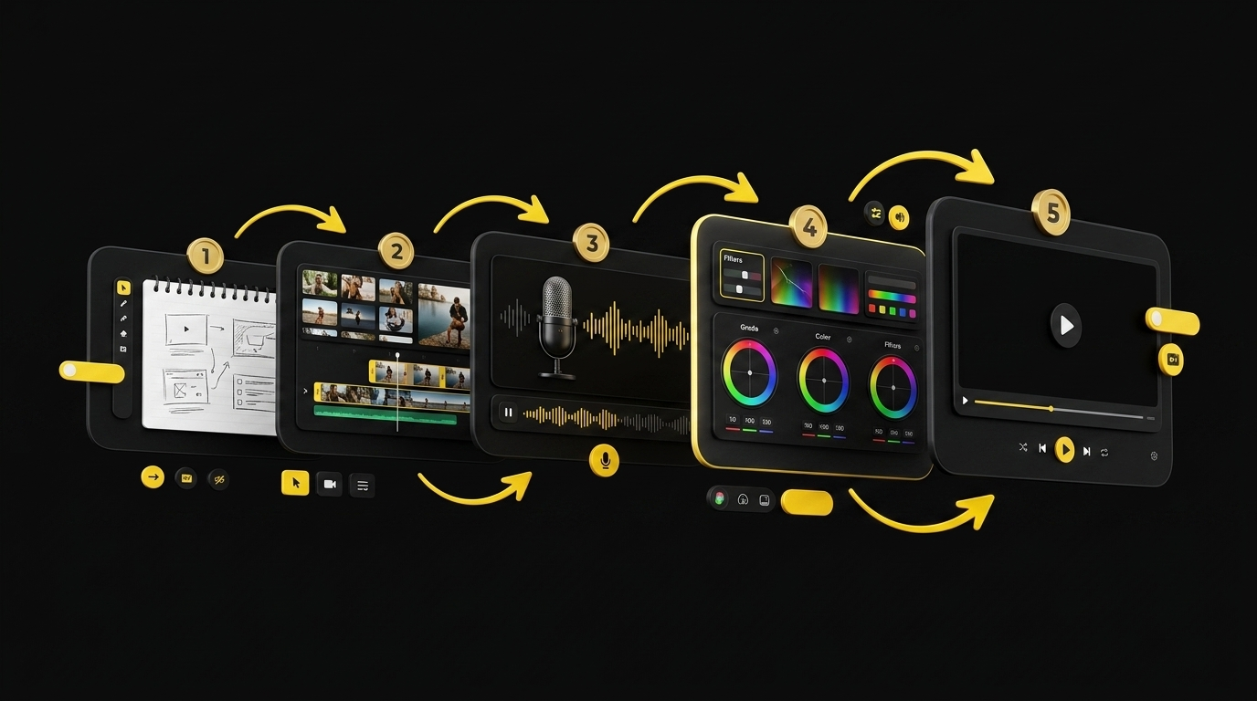 Floating step-by-step guide cards with numbered progression and interactive walkthrough indicators on black background