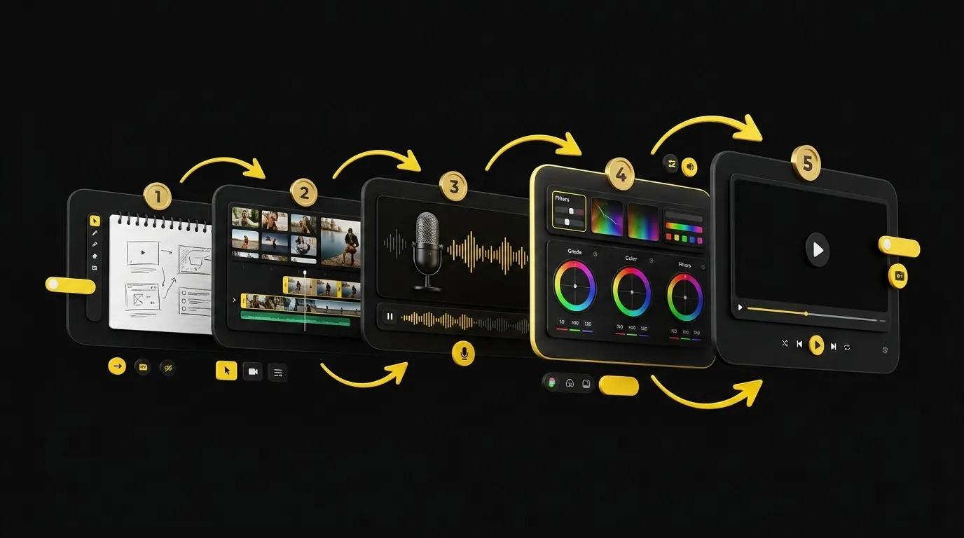 Floating step-by-step guide cards with numbered progression and interactive walkthrough indicators on black background