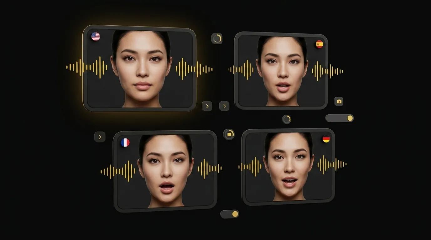 Floating cards showing the same avatar synced to different languages with small flag icons on black background