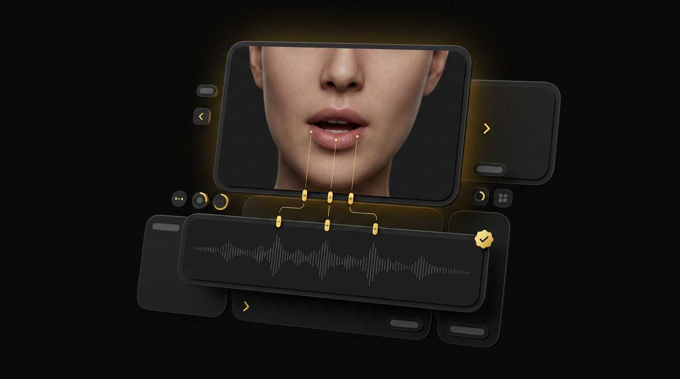 Floating cards showing AI avatar speaking with audio waveform visualization and sync accuracy indicators on black background