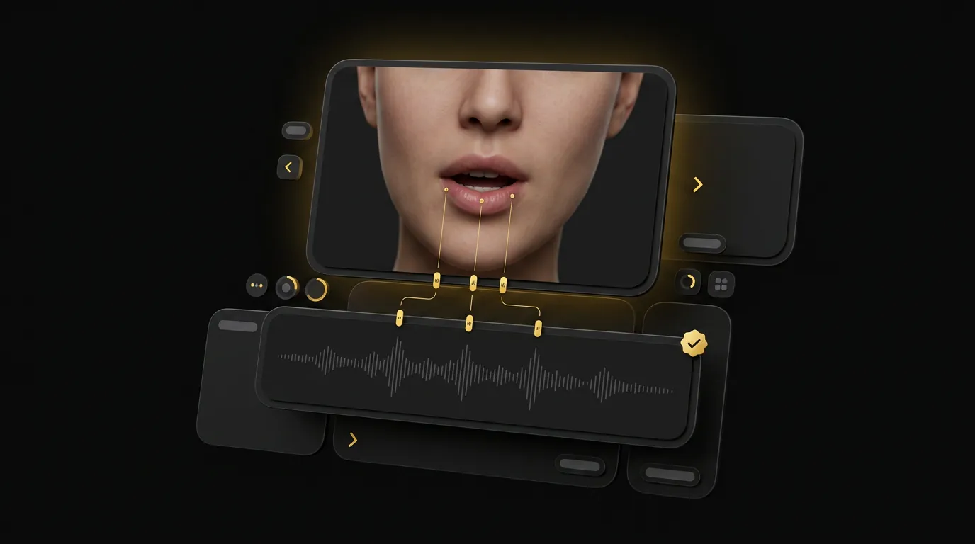 Floating cards showing AI avatar speaking with audio waveform visualization and sync accuracy indicators on black background