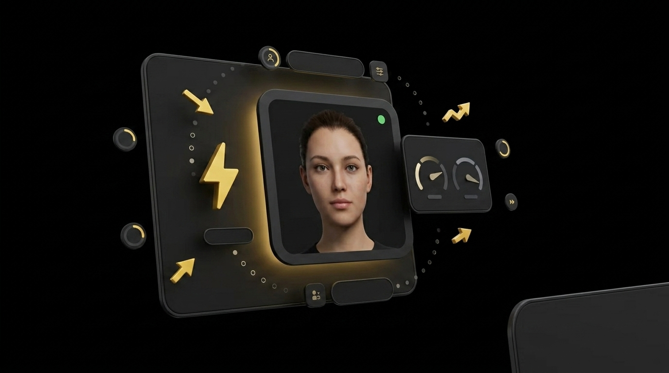 Floating cards showing live lip sync processing with speed indicators and lightning bolt icons on black background