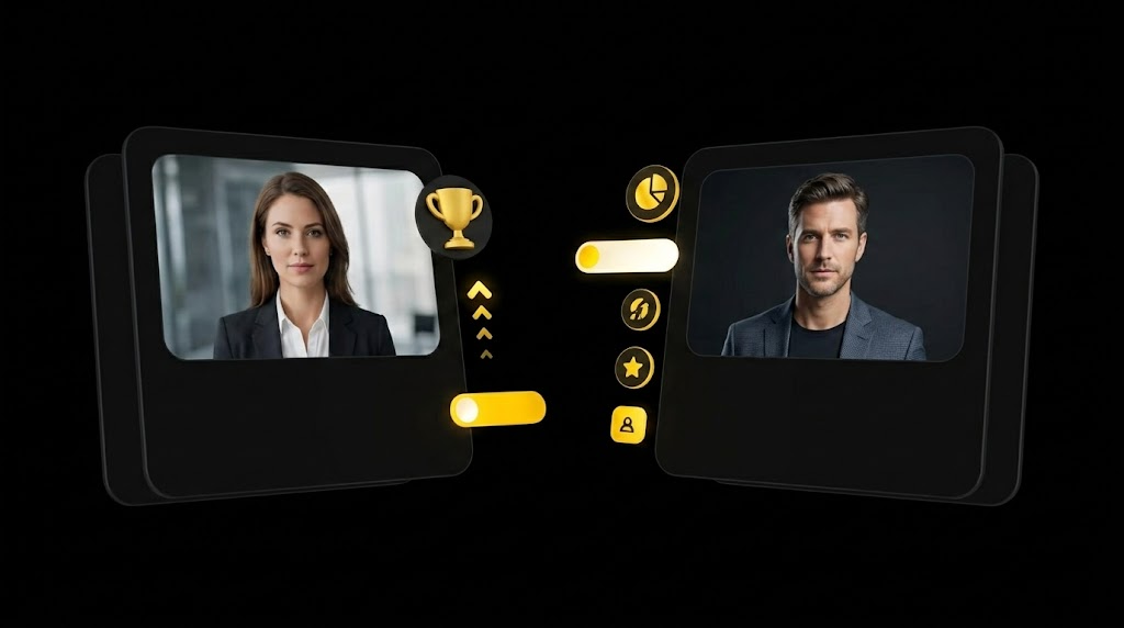 Floating UI cards comparing two AI avatar video ad variants with gold performance indicator badges on black background
