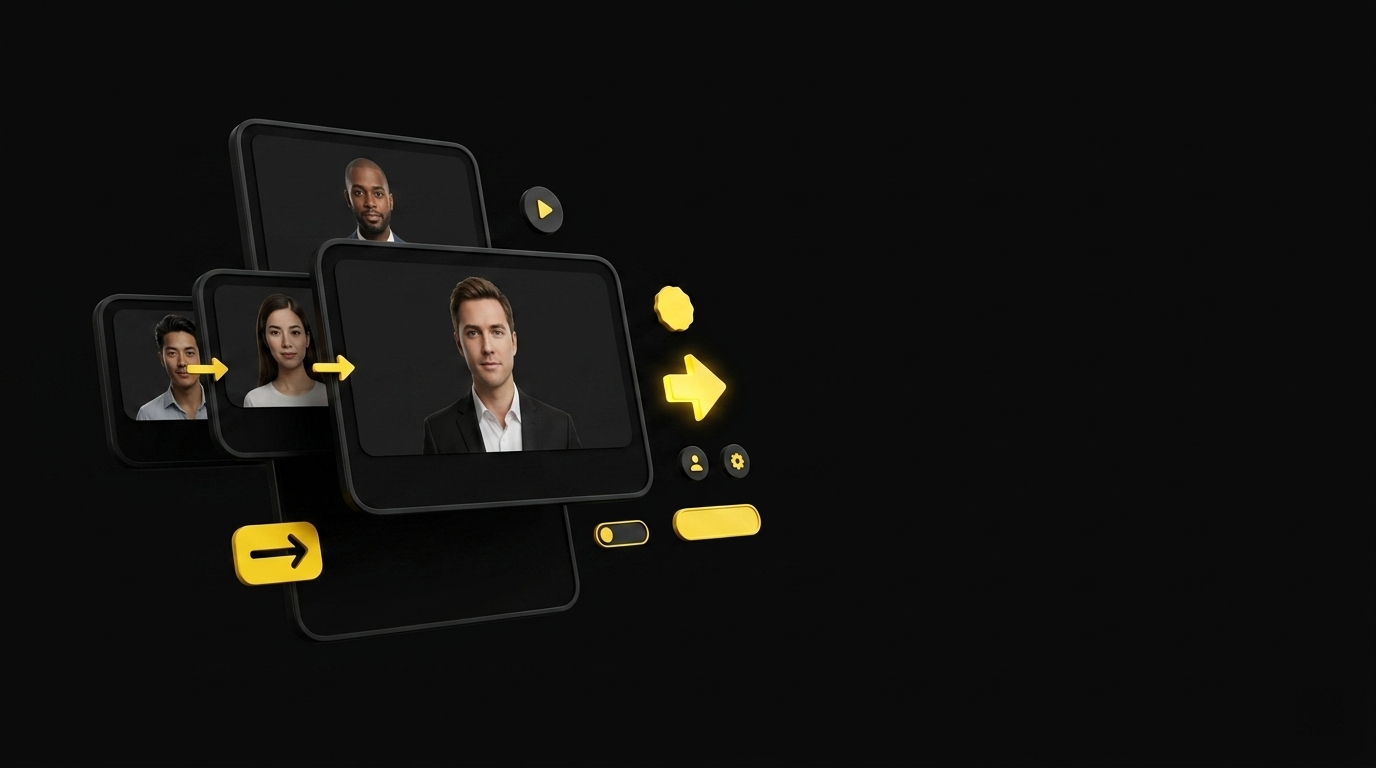 Floating UI cards showing personalized AI video email campaign thumbnails with diverse avatar presenters on black background